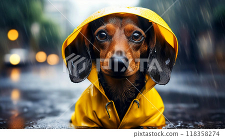 Dachshund Dog Dressed in a Yellow Raincoat on a Rainy City Street - Generative Ai 118358274