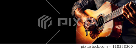 Expert Hands of a Guitarist as He Plays a Beautiful Wooden Acoustic Guitar - Generative Ai 118358300