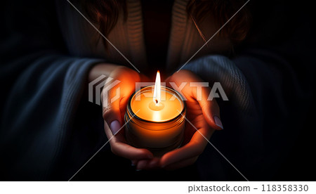 Female Hands Holding a Bright Votive Candle on a Dark Background - Generative Ai Female Hands Holding a Bright Votive Candle on a Dark Background - Generative Ai 118358330