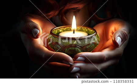 Female Hands Holding a Bright Votive Candle on a Dark Background - Generative Ai 118358331
