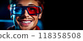 Portrait of a Smiling and Happy Young Man Wearing Red and Blue 3D Cinema Glasses - Generative Ai 118358508