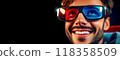 Portrait of a Smiling and Happy Young Man Wearing Red and Blue 3D Cinema Glasses - Generative Ai 118358509