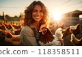 Smiling Young Female Farmer Holding a Beautiful Chicken at Sunset - Generative Ai 118358511