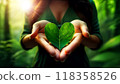 Hands of a Female Environmentalist Holding a Heart-Shaped Green Leaf - Generative Ai 118358526