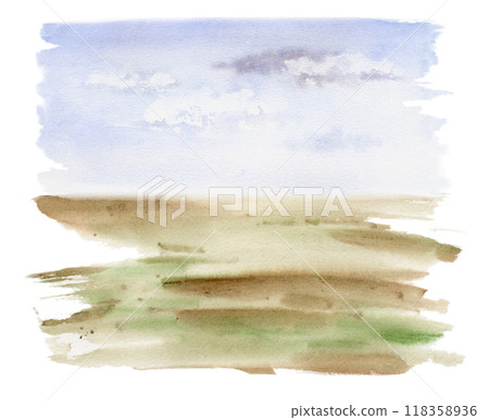 Scenery landscape hand drawn in watercolor, cloudy blue sky, green meadow field moorland pasture prairie grass land. Illustration for tourism, resort ads, hiking camping sites vacation, nature maps. 118358936