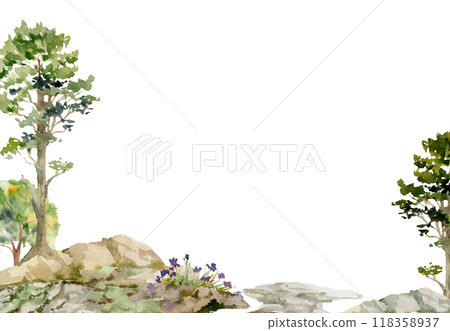 Scenery landscape of forest meadow grassland with bushes flowers, pine spruce tree alpine vista rocks hand drawn in watercolor. Horizontal frame for tourism, resort ads, hiking camping sites vacation. Scenery landscape of forest meadow grassland with bushes flowers, pine spruce tree alpine vista rocks hand drawn in watercolor. Horizontal frame for tourism, resort ads, hiking camping sites vacation. 118358937