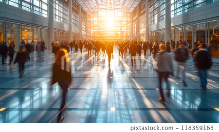 Many business people walking in bright office lobby fast moving with blurry. Many business people walking in bright office lobby fast moving with blurry. 118359163