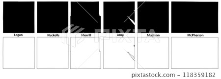 Loup, Logan, McPherson, Nuckolls, Morrill and Madison County, Nebraska (U.S. county, United States of America, USA, U.S., US) map vector illustration, scribble sketch map 118359182