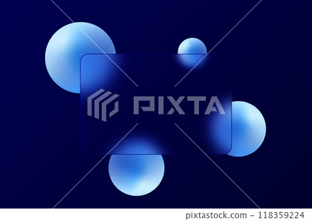 Glass morphism website landing page template. Presentation screen with glass overlay effect on floating gradient spheres. Frosted glass effect on dark background. 118359224