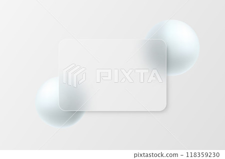 Glass morphism landing page. Presentation banner template or bank card with spheres on light background. Glass morphism landing page. Presentation banner template or bank card with spheres on light background. 118359230