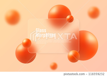 Glass morphism landing page with frame. Vector illustration with blurred floating spheres in orange. Glass morphism landing page with frame. Vector illustration with blurred floating spheres in orange. 118359232