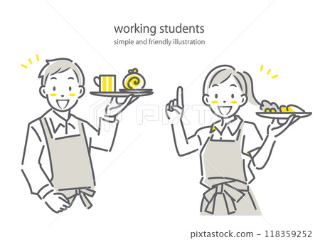 Young people happily working part-time at a cafe - simple and stylish line drawing illustration 118359252