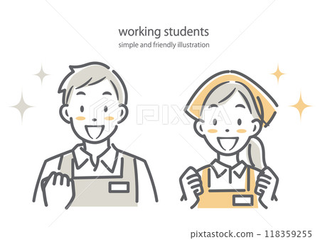 Young people happily working part-time at a store - simple and stylish line drawing illustration 118359255