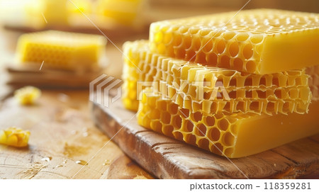 Natural beeswax advertising background with honeycomb 118359281