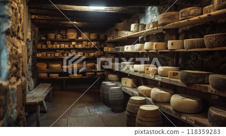 Wheels of aging cheese maturing on wooden shelves in a cheese factory 118359283
