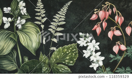 Detailed botanical watercolor illustration on dark background 118359329