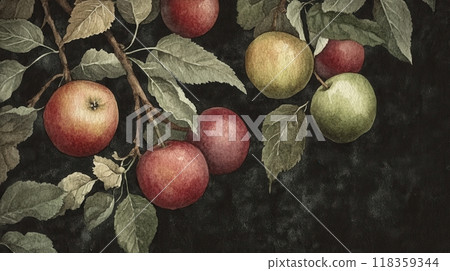 Detailed fruits watercolor illustration on dark background 118359344