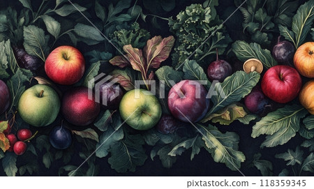 Detailed fruits watercolor illustration on dark background 118359345