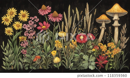 Detailed botanical illustration with plants and mushrooms 118359360