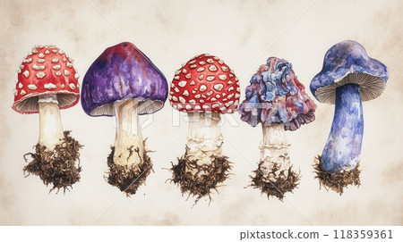 Detailed botanical drawing showcasing Amanita muscaria and and other mushrooms 118359361