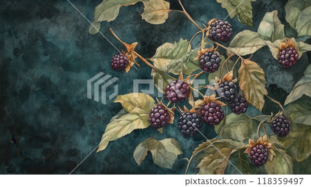 Detailed botanical drawing showcasing blackberry on dark background watercolor 118359497