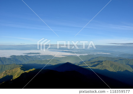 View from Mt. Kasagatake, seen to the west after sunrise, Mt. Kage-Kasagatake View from Mt. Kasagatake, seen to the west after sunrise, Mt. Kage-Kasagatake 118359577