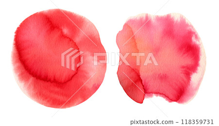 Bright artistic red and pink liquid watercolor painting textured round shapes set isolated on white. Abstract creative blood color watercolour stain for banner design, texture background 118359731