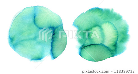 Bright emerald green and blue gradient liquid watercolor round shapes set. Artistic vibrant aquamarine watercolour textured circle stains for abstract background, nature botanical concept 118359732