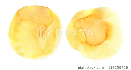 Artistic watercolor painting liquid textured yellow round blob isolated on white. Abstract watercolour circle sun shape for pancake concept, sunny banner design, texture frame background 118359736