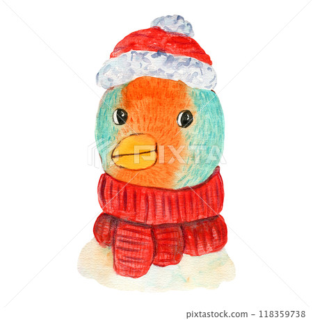 Cute watercolor painting blue and orange parrot in snowy striped red scarf and Christmas Santa hat. Childish New Year watercolour bird for greeting card design, holiday banner, nursery sticker Cute watercolor painting blue and orange parrot in snowy striped red scarf and Christmas Santa hat. Childish New Year watercolour bird for greeting card design, holiday banner, nursery sticker 118359738