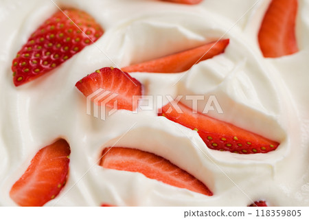 Closeup of fresh chopped strawberries in white yogurt 118359805