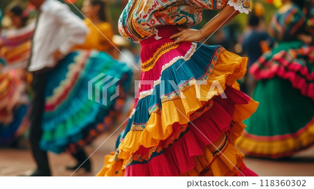 Woman in vibrant traditional attire with colorful flowers in her hair, dancing joyfully. Blurred background of people and instruments. Concept of cultural celebration 118360302