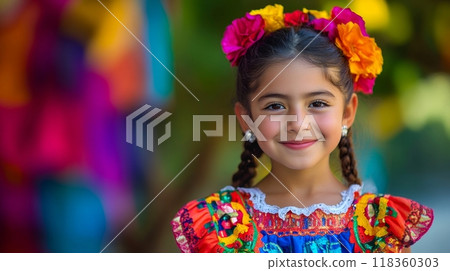 Smiling girl in traditional colorful dress with a floral headpiece. Blurred vibrant background. Concept of culture, tradition, and happiness. Hispanic Heritage Month, celebrating culture Smiling girl in traditional colorful dress with a floral headpiece. Blurred vibrant background. Concept of culture, tradition, and happiness. Hispanic Heritage Month, celebrating culture 118360303