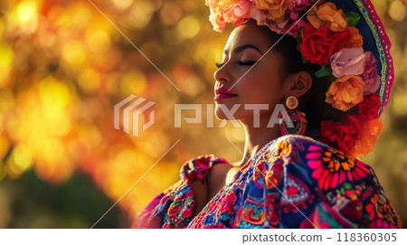 A woman in vibrant traditional clothing with a flower headdress smiles warmly. She is part of a festive scene. Concept of cultural celebration. Hispanic Heritage Month, celebrating culture 118360305