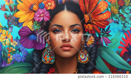 Women in colorful hats and traditional attire. The painting style is intricate and vivid. Concept of cultural diversity and celebration, Hispanic Heritage Month, celebrating culture. Women in colorful hats and traditional attire. The painting style is intricate and vivid. Concept of cultural diversity and celebration, Hispanic Heritage Month, celebrating culture. 118360310