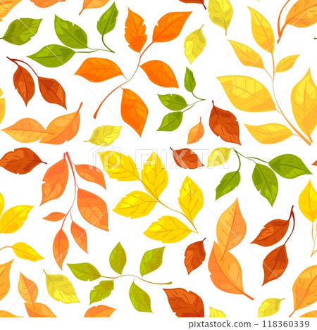 Colorful autumn leaves in various shades and shapes on a white background. Seamless pattern concept. Vector illustration Colorful autumn leaves in various shades and shapes on a white background. Seamless pattern concept. Vector illustration 118360339