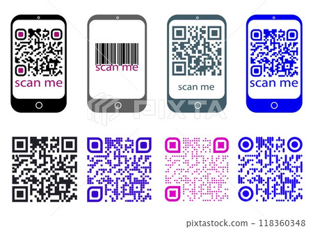 Image displaying various barcode and QR code designs on smartphone screens. Different graphic styles are used on a white background. Concept of mobile scanning technology. Vector illustration Image displaying various barcode and QR code designs on smartphone screens. Different graphic styles are used on a white background. Concept of mobile scanning technology. Vector illustration 118360348