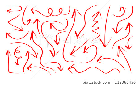 background with many red arrows pointing in different directions. The arrows are drawn in a wavy, squiggly style 118360456