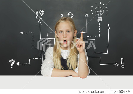 Creativity, education and idea concept. Emotional child girl student with algorithm, light bulb Creativity, education and idea concept. Emotional child girl student with algorithm, light bulb 118360689
