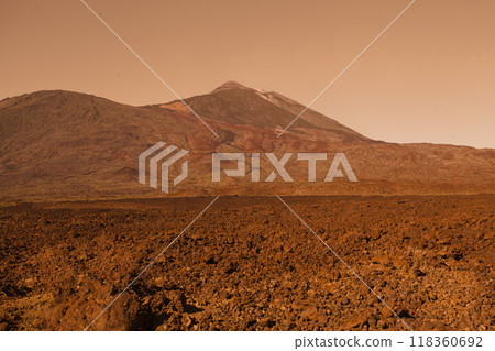 Cosmic red planet landscape with mountain, sky and empty desert 118360692