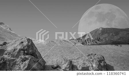 Asteroid landscape with mountain, sky and empty desert 118360741