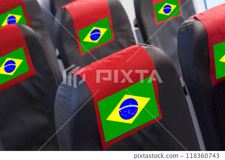Brazilian Flag on Empty seat in plane. Travel, flight and transportration in Brazil concept Brazilian Flag on Empty seat in plane. Travel, flight and transportration in Brazil concept 118360743