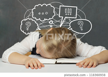 child girl with thought cloud bubble above head thinking on white background child girl with thought cloud bubble above head thinking on white background 118360938