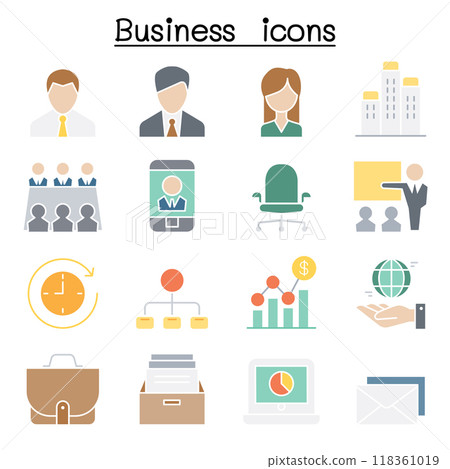 Business management icon set in flat color style 118361019