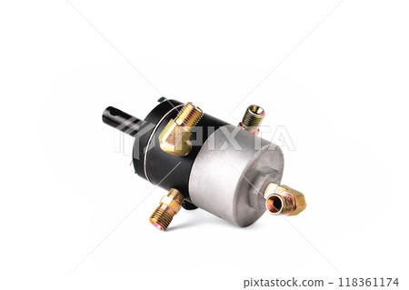 auto parts for trucks, crane controlling the lifting of a body or a cargo platform, close-up isolate on a white background auto parts for trucks, crane controlling the lifting of a body or a cargo platform, close-up isolate on a white background 118361174