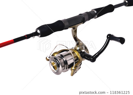 fishing reel on a fishing rod, white background close-up, copy space fishing reel on a fishing rod, white background close-up, copy space 118361225