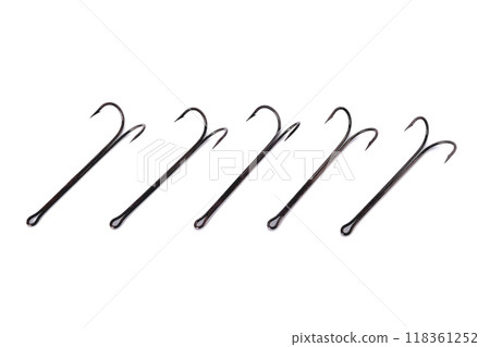 long double hooks for fishing white background close-up 118361252