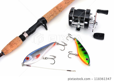 Two wobblers, casting spinning and baitcasting reel in black on a white background, isolate 118361347