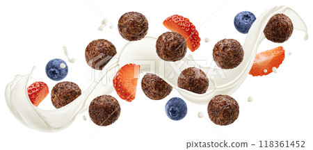 Flying chocolate corn balls with milk splash, blueberry and strawberry slices isolated on white background with clipping path 118361452