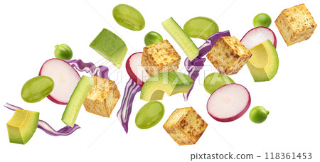 Vegetarian salad with green Edamame beans and grilled tofu cubes isolated on white background Vegetarian salad with green Edamame beans and grilled tofu cubes isolated on white background 118361453